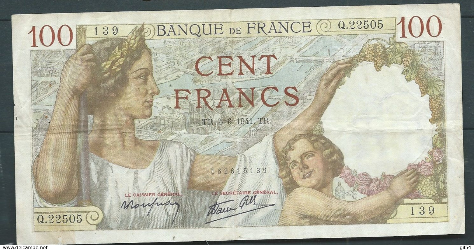 FRANCE /  Billet 100 Francs SULLY -  5/06/1941  -  Q.22505 139  Laura 11009 - 100 F 1939-1942 ''Sully''