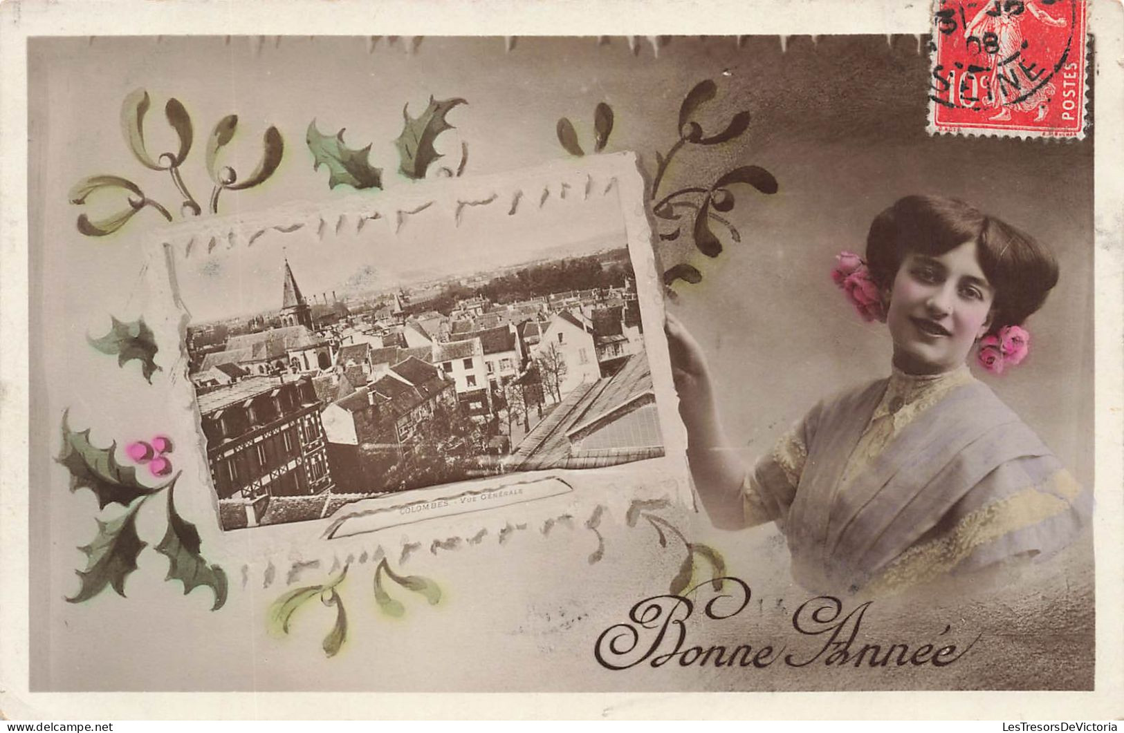 FANTAISIE - Femme - Bonne Année - Avec Un Timbre - Paysage - Ville - Vue - Carte Postale Ancienne - Women