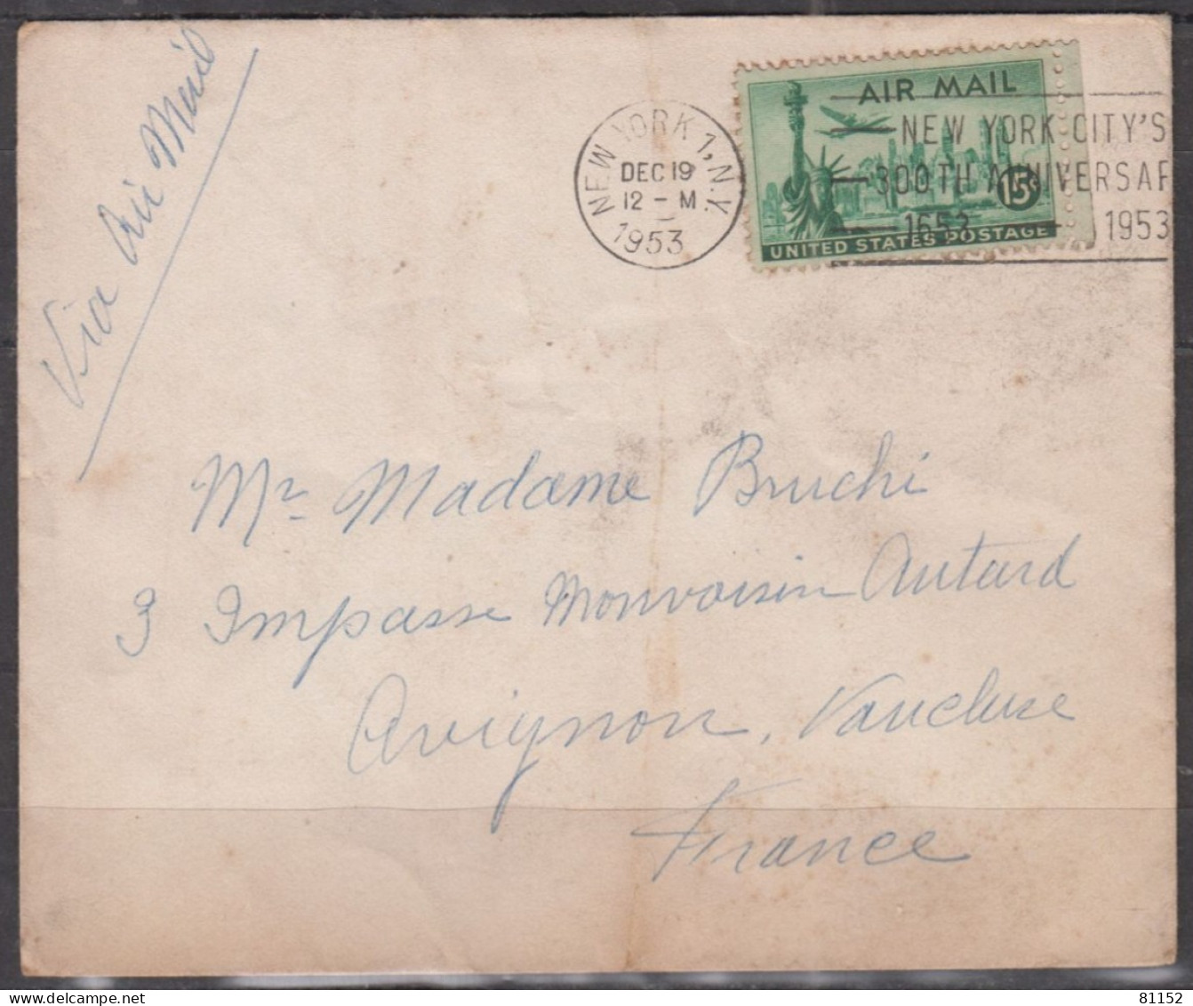 U.S.A.   Lettre De NEW YORK  1953  Avec 15c    Pour  AVIGNON VAUCLUSE  Avec Paire De Vignettes Pub Au  VERSO.... - Storia Postale