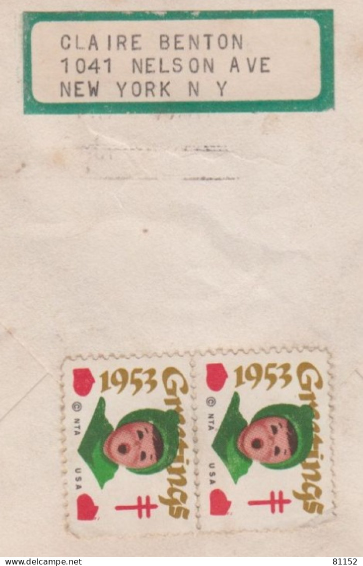 U.S.A.   Lettre De NEW YORK  1953  Avec 15c    Pour  AVIGNON VAUCLUSE  Avec Paire De Vignettes Pub Au  VERSO.... - Cartas & Documentos