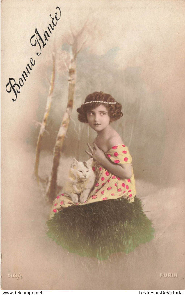 FANTAISIE - Femme - Bonne Année - Fillette Avec Un Chat Sur Les Genoux - Carte Postale Ancienne - Frauen