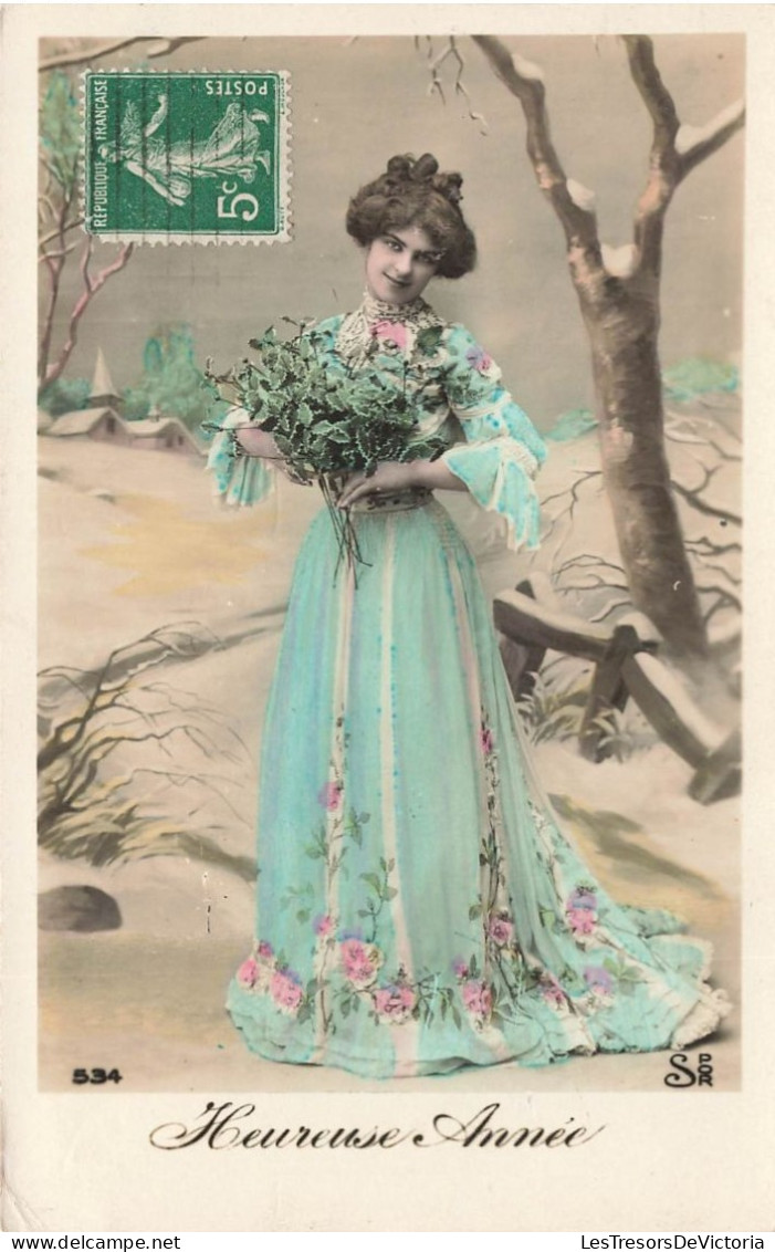 FANTAISIE - Femme - Heureuse Année - Robe Bleue - Neige - Carte Postale Ancienne - Mujeres