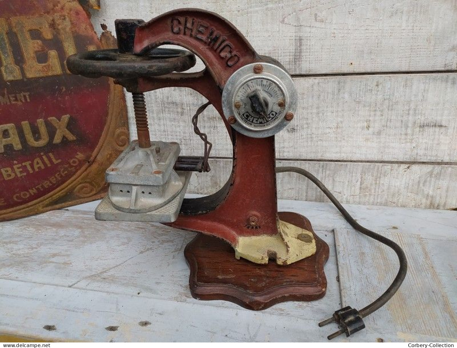 Ancienne Presse à Vulcaniser Chemico 1930/1940 Chambre à Air Cycles Autos Collection Garage Automobilia - Targhe Smaltate (a Partire Dal 1961)