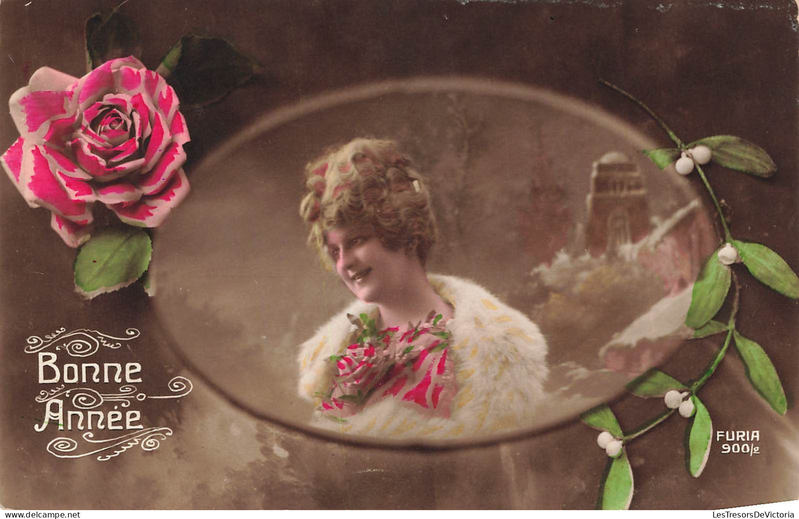 FANTAISIE - Femme - Bonne Année - Femme Avec Un Boa Blanc - Cadre - Portrait - Carte Postale Ancienne - Frauen