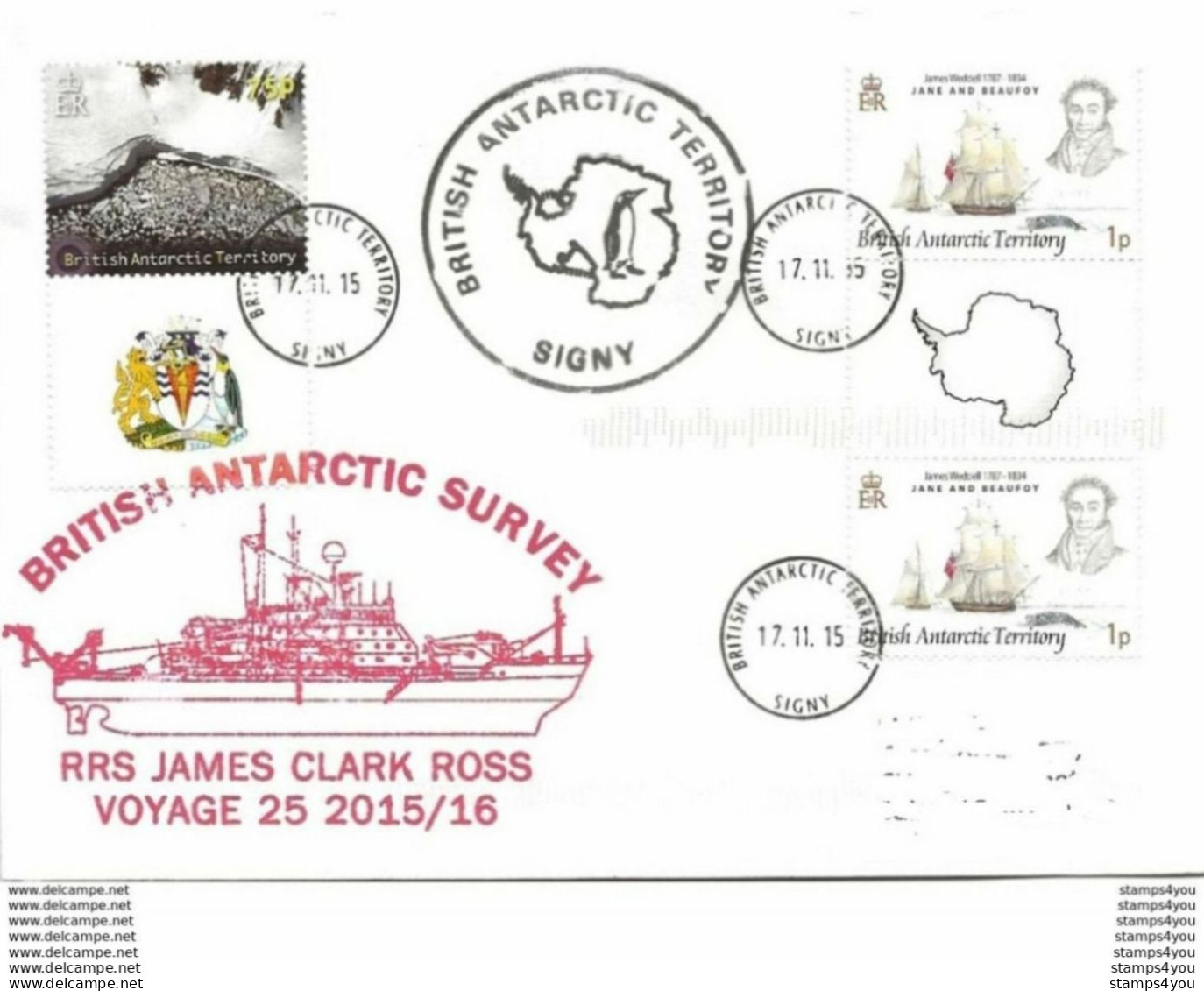47 - 25 - Enveloppe BAT Navuire "RRS James Clark Ross - Base Signy 2015" - Navires & Brise-glace