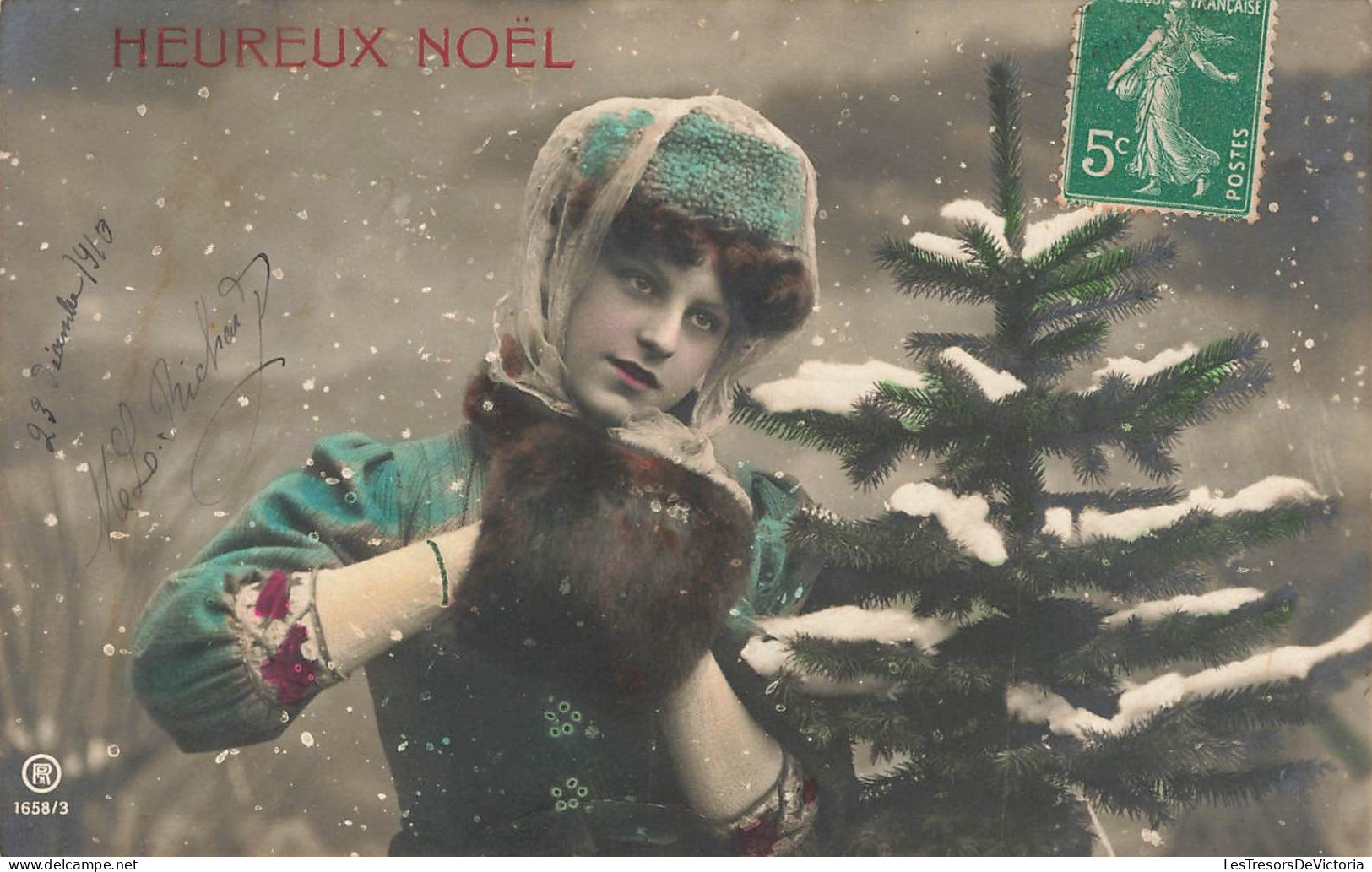 FÊTES ET VOEUX - Heureux Noël - Femme Sous La Neige - Carte Postale Ancienne - Other & Unclassified