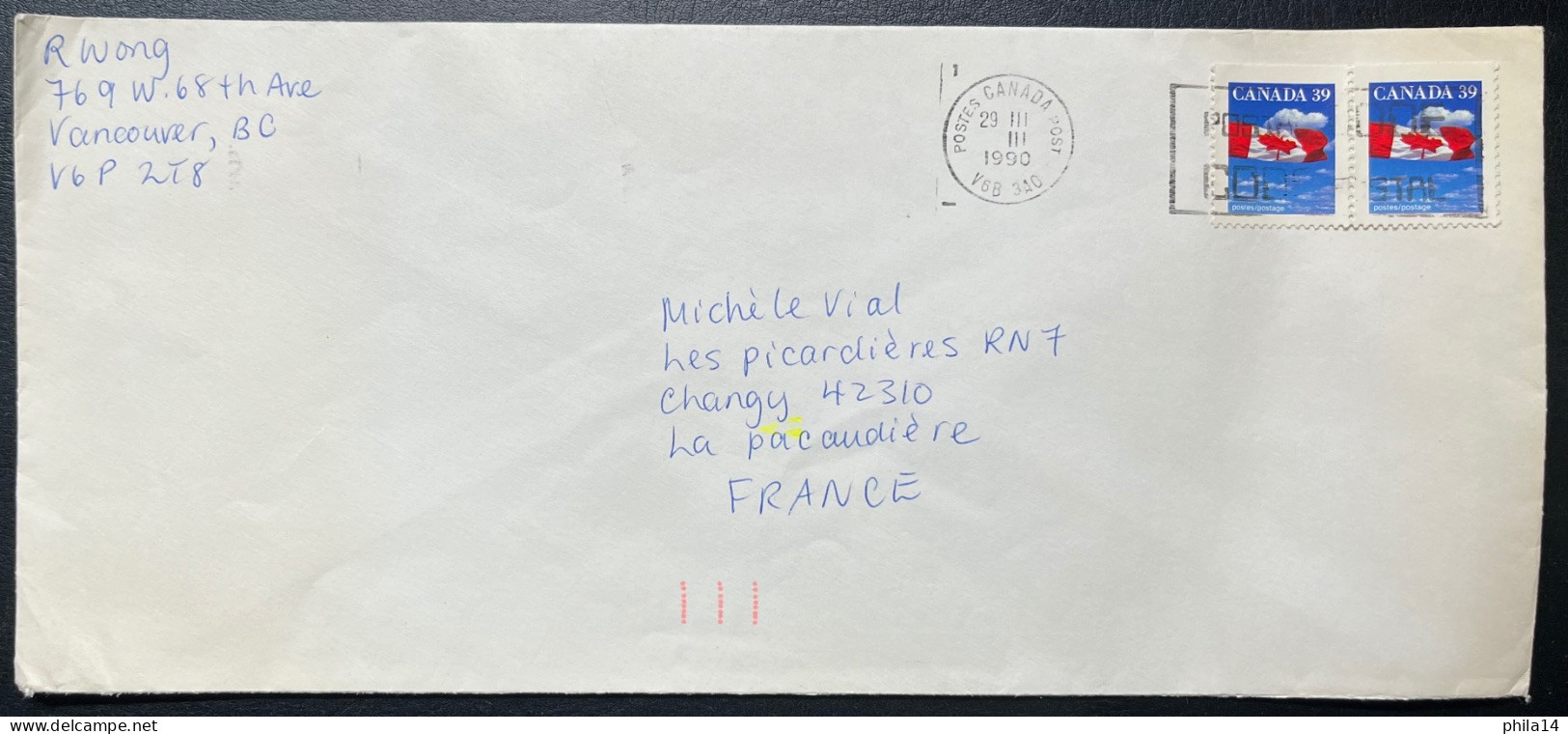 ENVELOPPE CANADA VANCOUVER POUR LA PACAUDIERE 1990 - Lettres & Documents