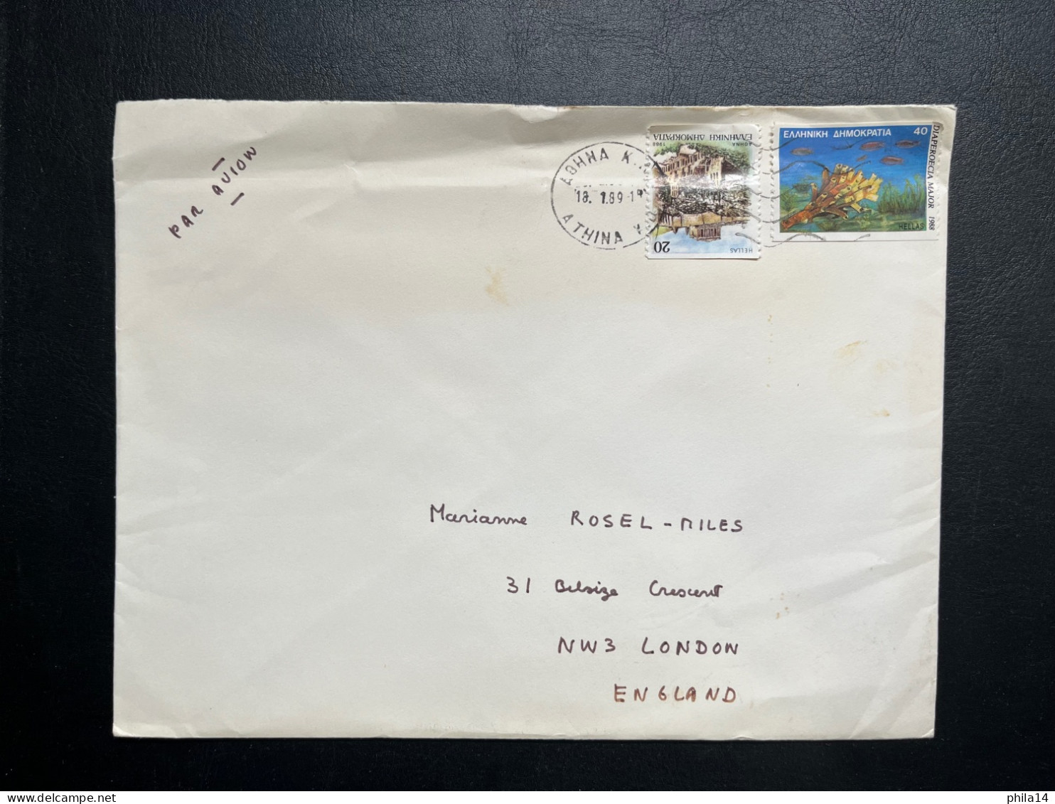 ENVELOPPE GRECE ATHENES POUR LONDRES GB 1989 - Briefe U. Dokumente