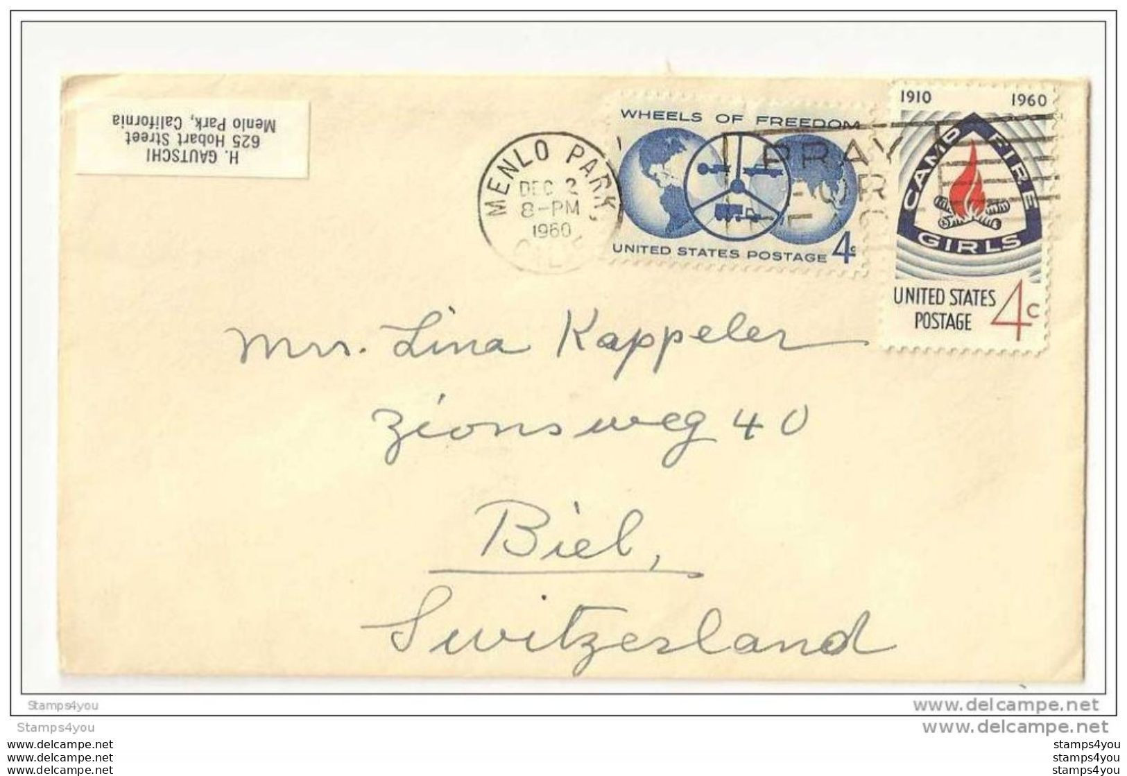 73 - 54 -  Enveloppe Envoyée De Menlo Park En Suisse 1960 - Brieven En Documenten