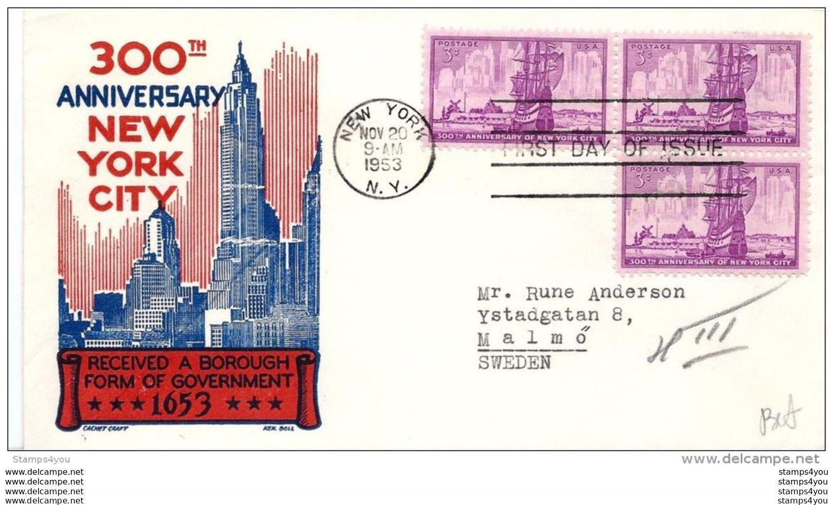 96 - 82 - Enveloppe Premier Jour Avec Timbres "300th Anniversary New York City 1953 - Brieven En Documenten