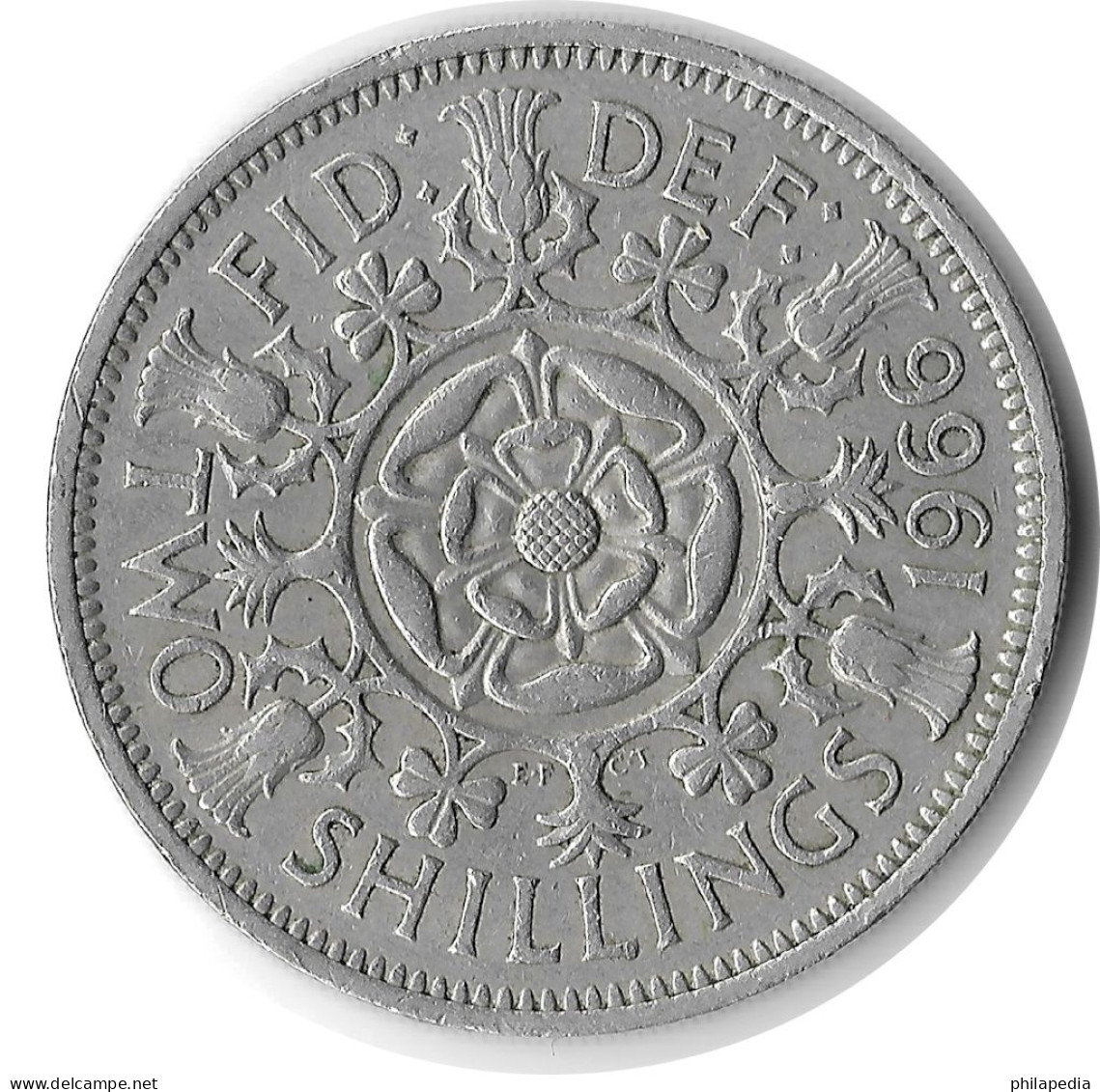 Angleterre Elizabeth II Reine Par La Grâce De Dieu Florin Maison Windsor Rose Tudor QEII 1966 Pièce 2 Shillings KM : 906 - 50 Rentenpfennig & 50 Reichspfennig