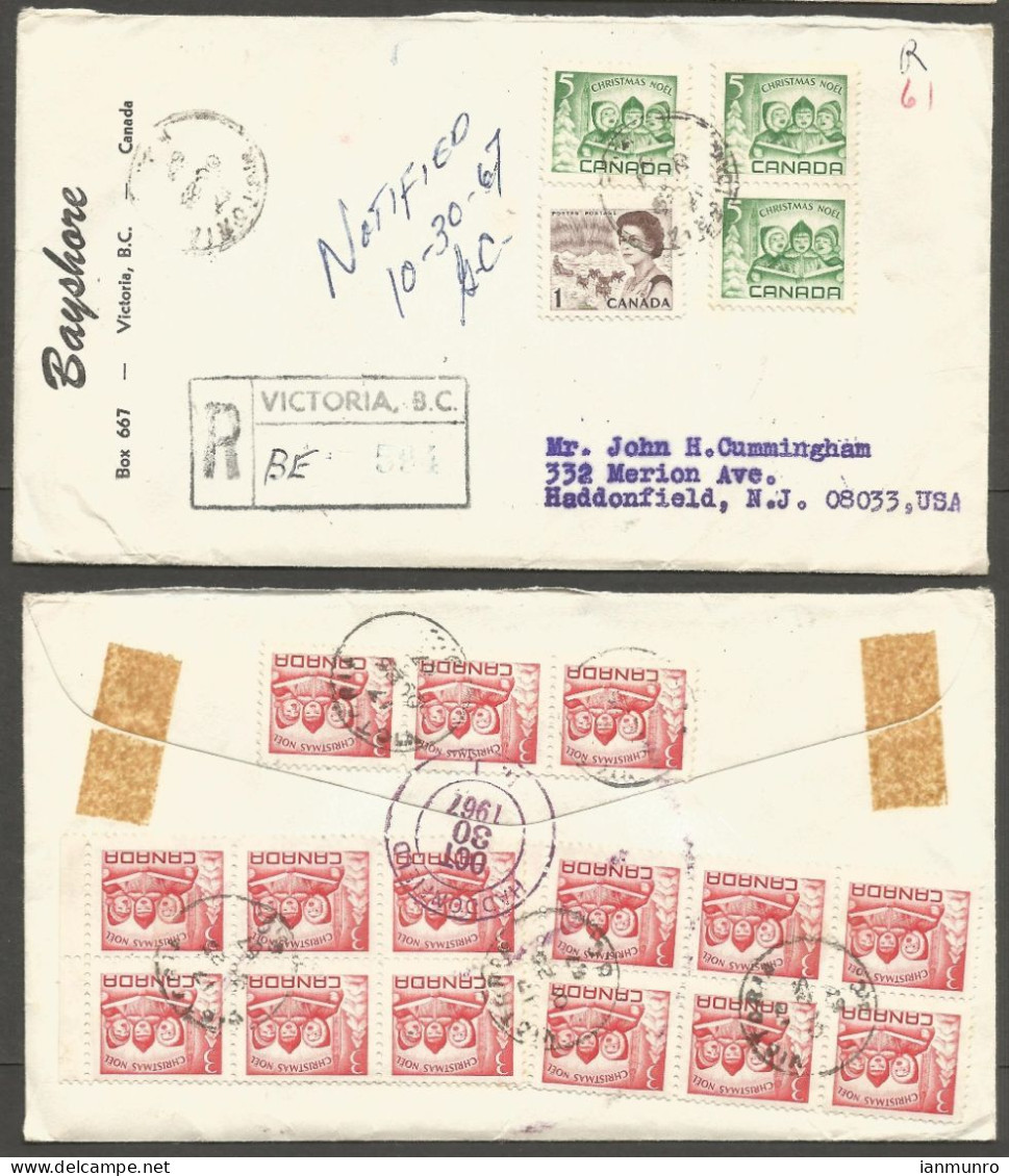 1967 Registered Cover 61c Centennial/Christmas Multi CDS Victoria BC To USA - Histoire Postale