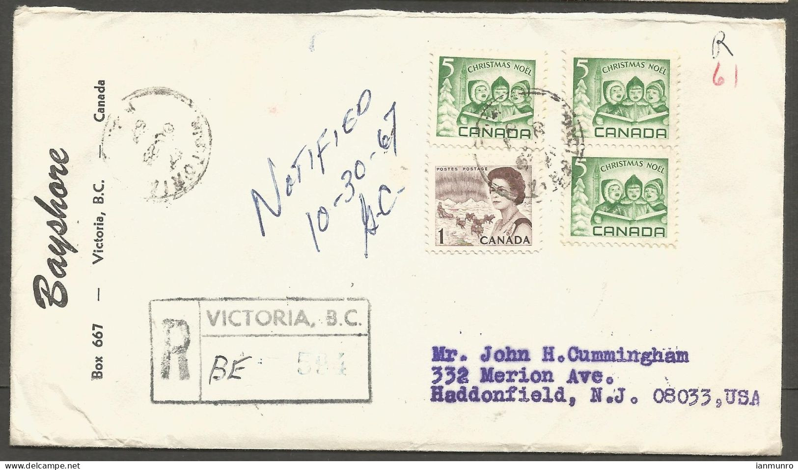1967 Registered Cover 61c Centennial/Christmas Multi CDS Victoria BC To USA - Histoire Postale