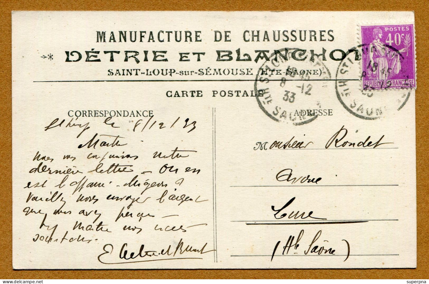 SAINT-LOUP-SUR-SEMOUSE (70) : " MANUFACTURE DE CHAUSSURES - DETRIE Et BLANCHOT "  (1933) - Saint-Loup-sur-Semouse
