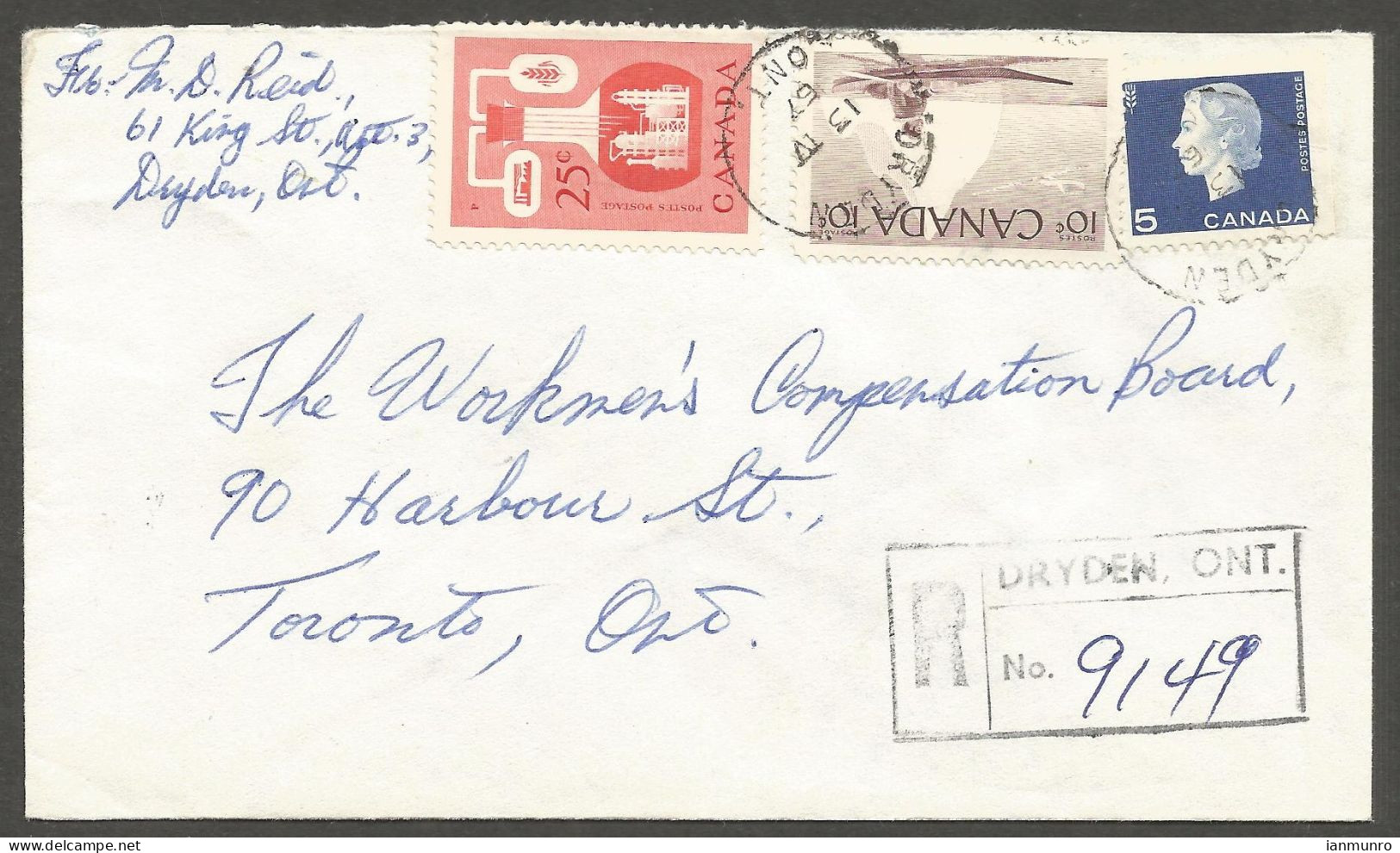 1967 Registered Cover 40c Chemical/Kayak/Cameo Dryden Ontario To Toronto Via Winnipeg - Postal History