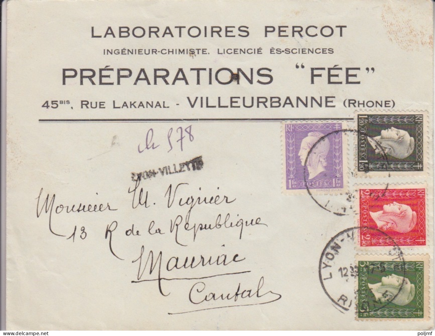 Lettre Laboratoires Rec. Provisoire Obl. Lyon-Villette Le 17/5/45 Sur 1f, 1f20, 2f40, 3f Dulac N° 693 (tarif Du 1/3/45) - 1944-45 Marianne Of Dulac