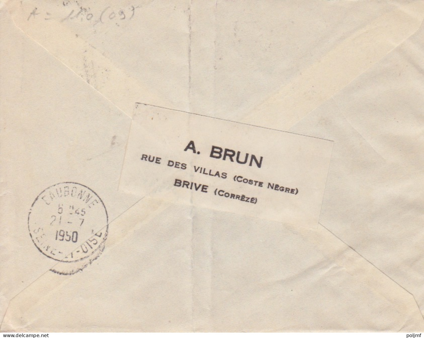 Lettre Rec. Obl. Brive La Gaillarde Le 20/7/50 Sur 4f Dulac X 14 N° 695 (tarif Du 1/7/49) Pour Eaubonne - 1944-45 Marianne Van Dulac