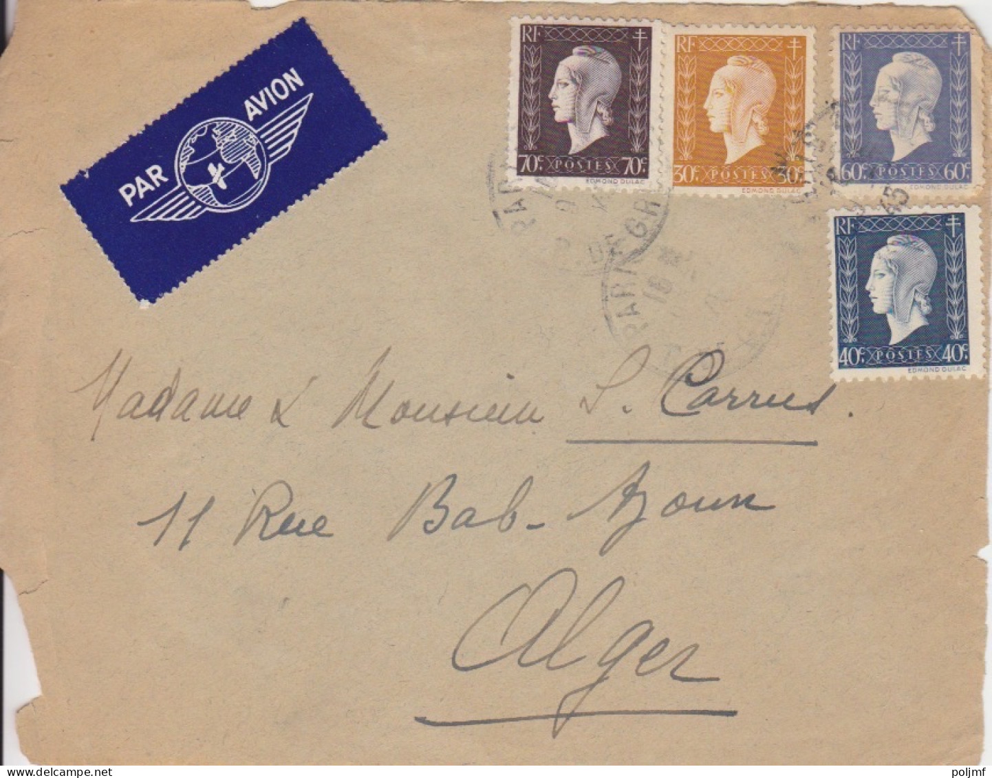 Dvt De Lettre Par Avion Obl. Paris Le 9/7/45 Sur 30c, 40c, 60c,70c Dulac N° 683, 684, 686,  (tarif Du 1/3/45) Pour Alger - 1944-45 Marianne Of Dulac