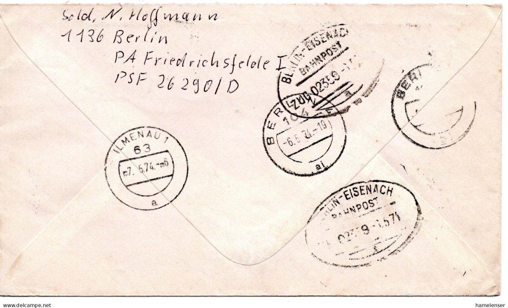 74891 - DDR - 1974 - 3@20Pfg Blaukehlchen MiF A EilBf BERLIN -> ILMENAU, Abs: NVA-Soldat - Cartas & Documentos