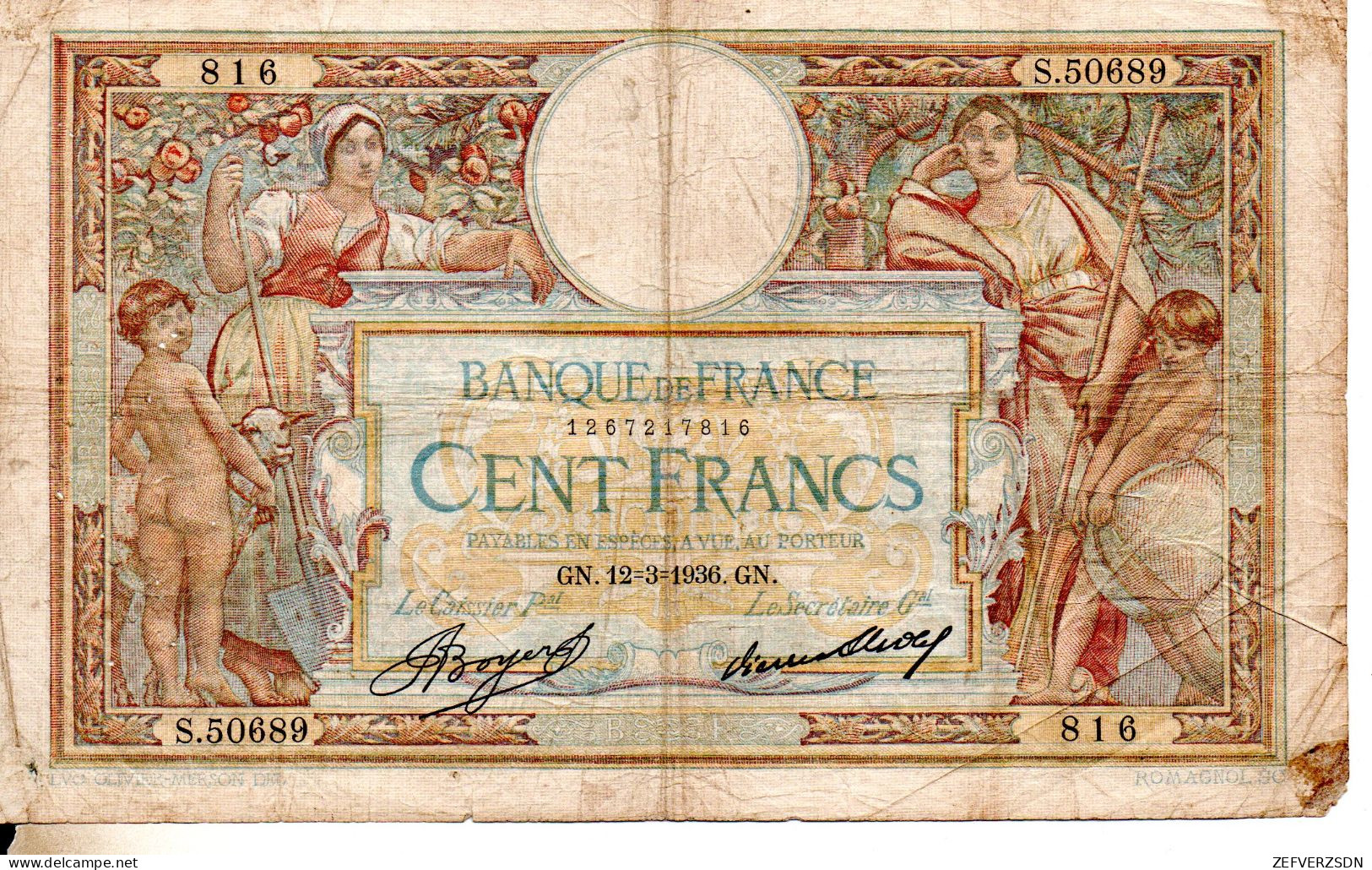 BILLET FRANCE SULLY 100 FRANCS - 100 F 1908-1939 ''Luc Olivier Merson''