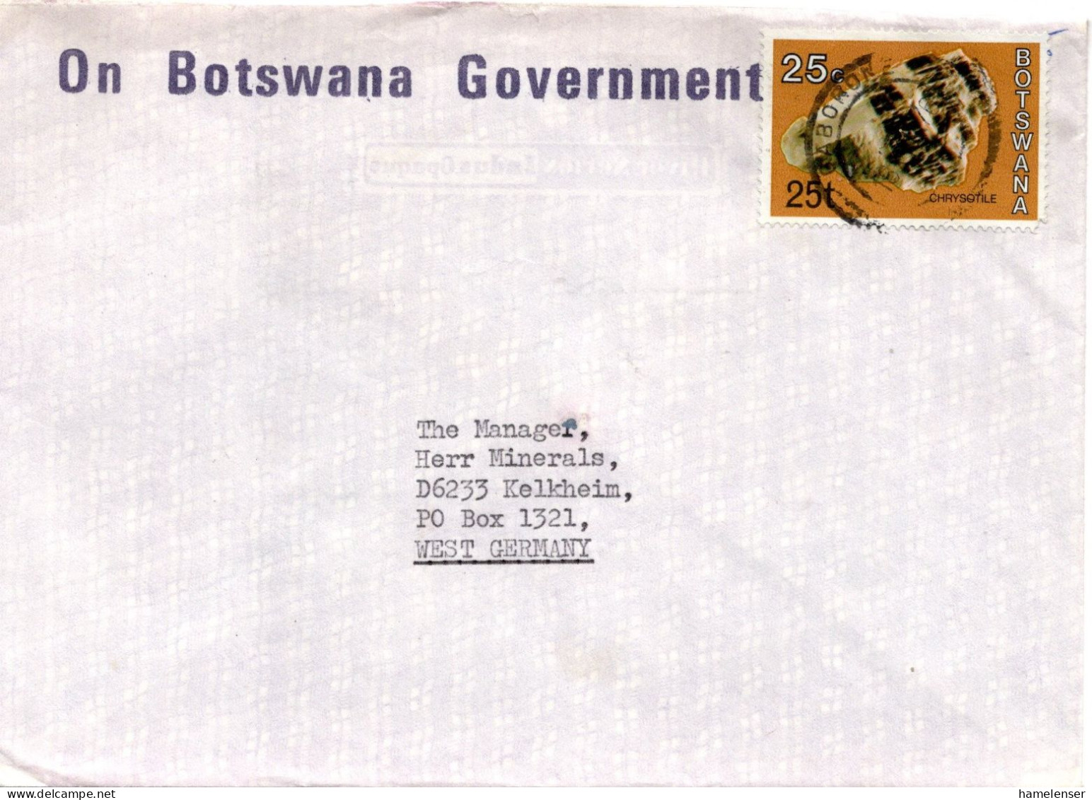 74892 - Botswana - 1976 - 25t Mineralien EF A Bf GABORONE -> Westdeutschland - Minerales