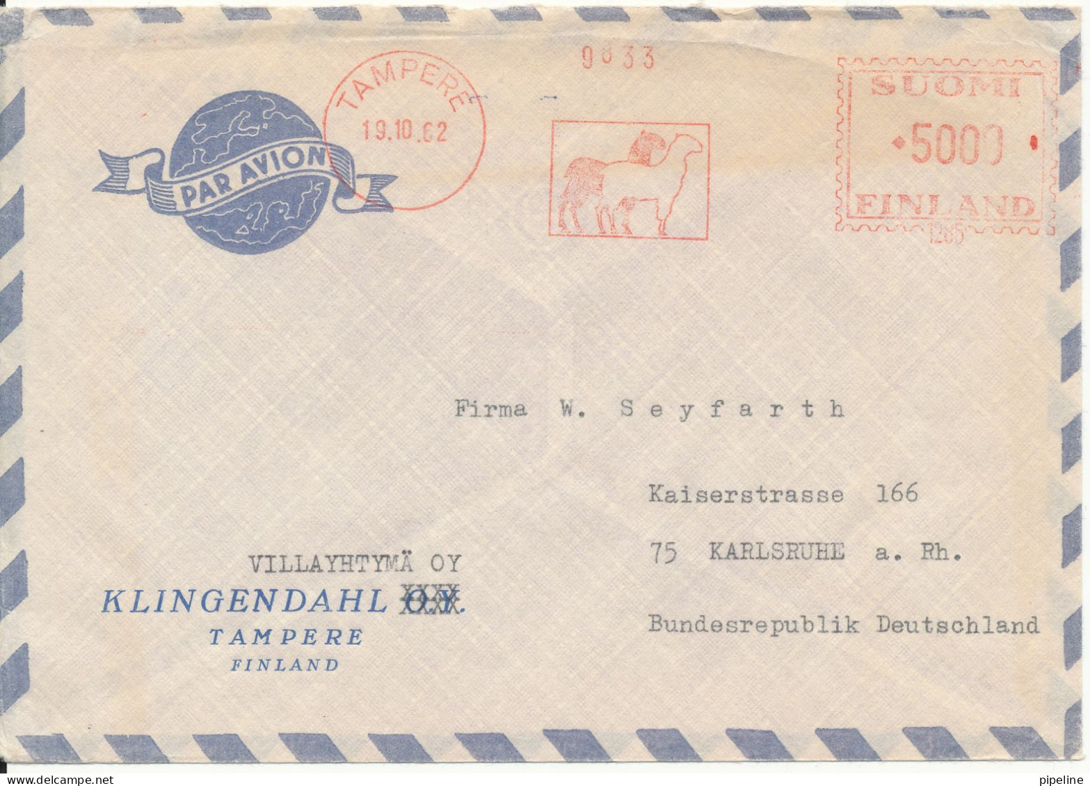 Finland Air Mail Cover With Meter Cancel Sent To Germany Tampere 19-10-1962 - Brieven En Documenten