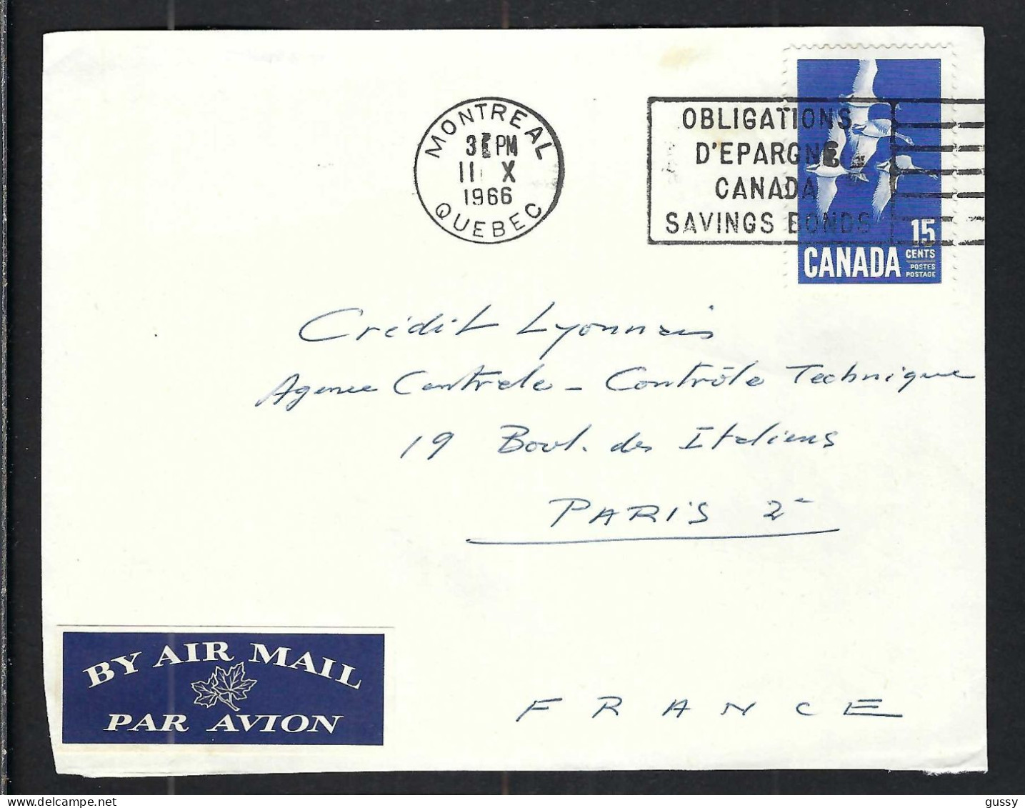 CANADA Ca.1966: DDL De LSC P.A. Pour Paris - Briefe U. Dokumente
