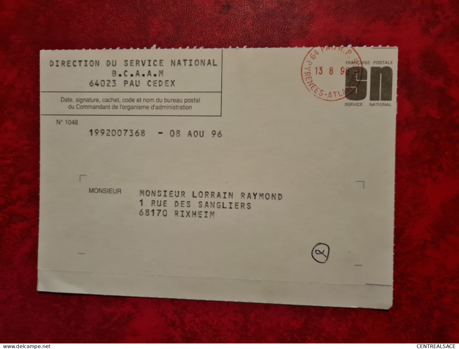 Lettre / Carte 1998 POSTE AUX ARMEES SERVICE NATIONAM FRANCHISE CACHET PAU B.C.A.A.M  EN ROUGE - Altri & Non Classificati