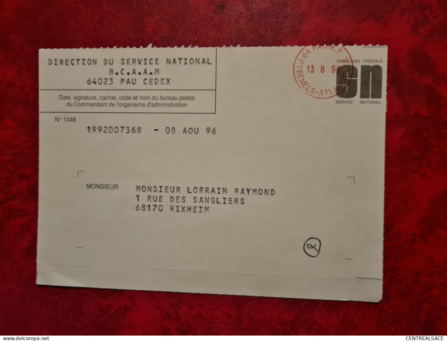 Lettre / Carte 1998 POSTE AUX ARMEES SERVICE NATIONAM FRANCHISE CACHET PAU B.C.A.A.M  EN ROUGE - Autres & Non Classés