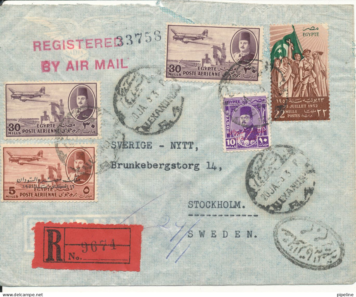 Egypt Registered Cover Sent To Sweden 20-1-1953 Good Franked   The Cover Is Damaged At The Top By Opening - Brieven En Documenten