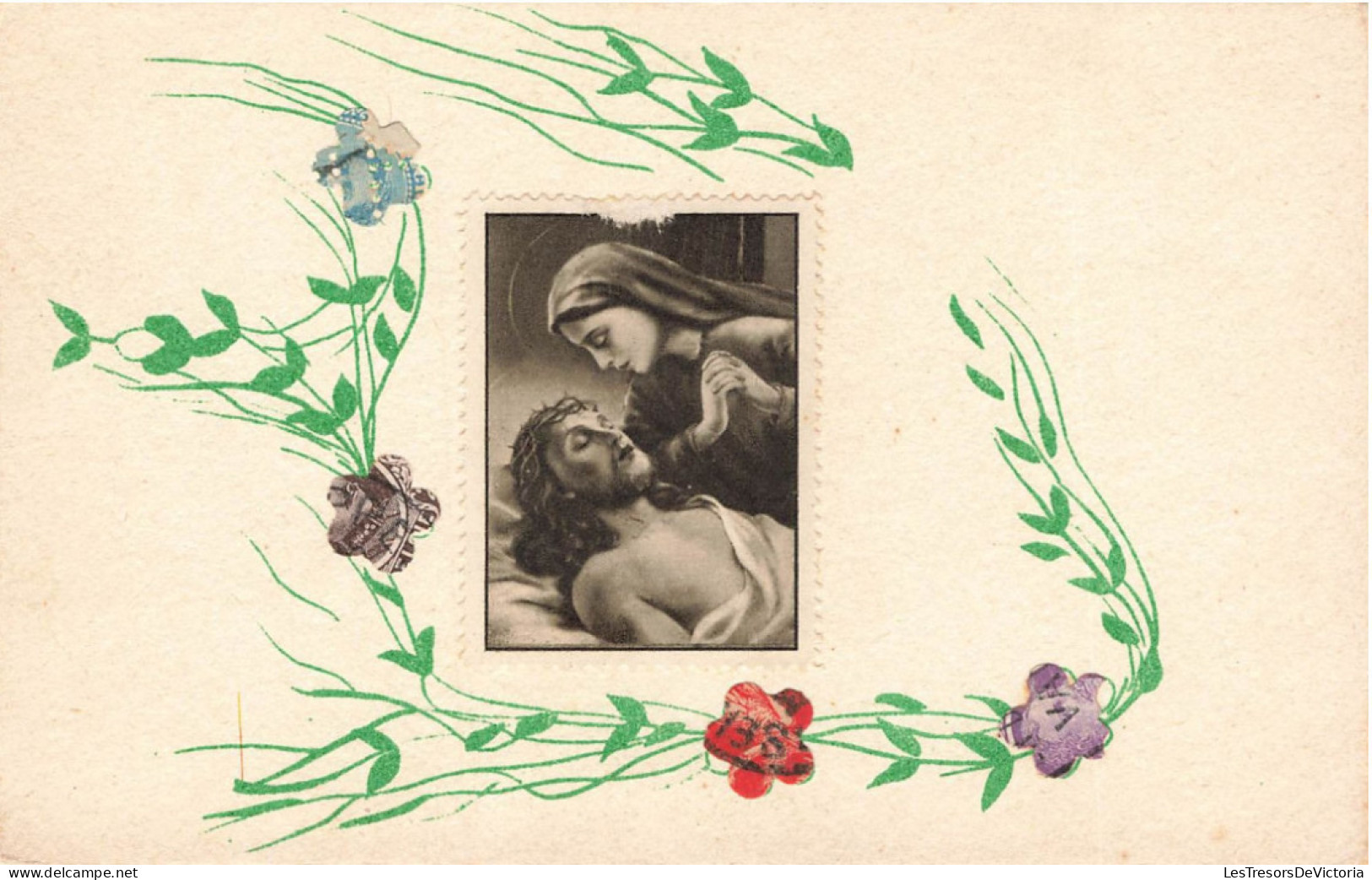 TIMBRES - Marie Pleurant Sur Le Corps Du Christ - Carte Postale Ancienne - Timbres (représentations)