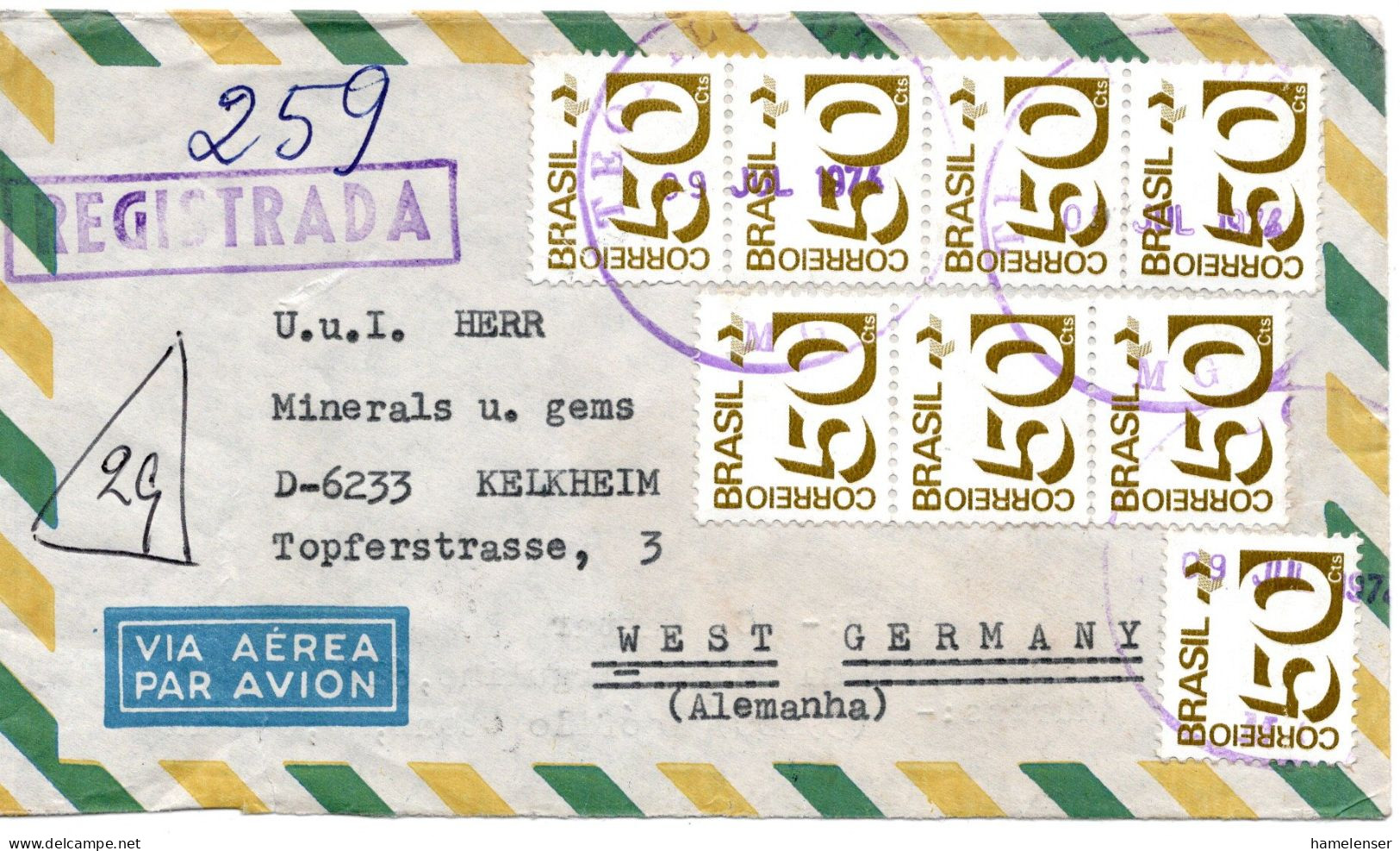 74894 - Brasilien - 1974 - 8@50c Ziffer A R-LpBf TEOFILO OTONI -> Westdeutschland - Storia Postale