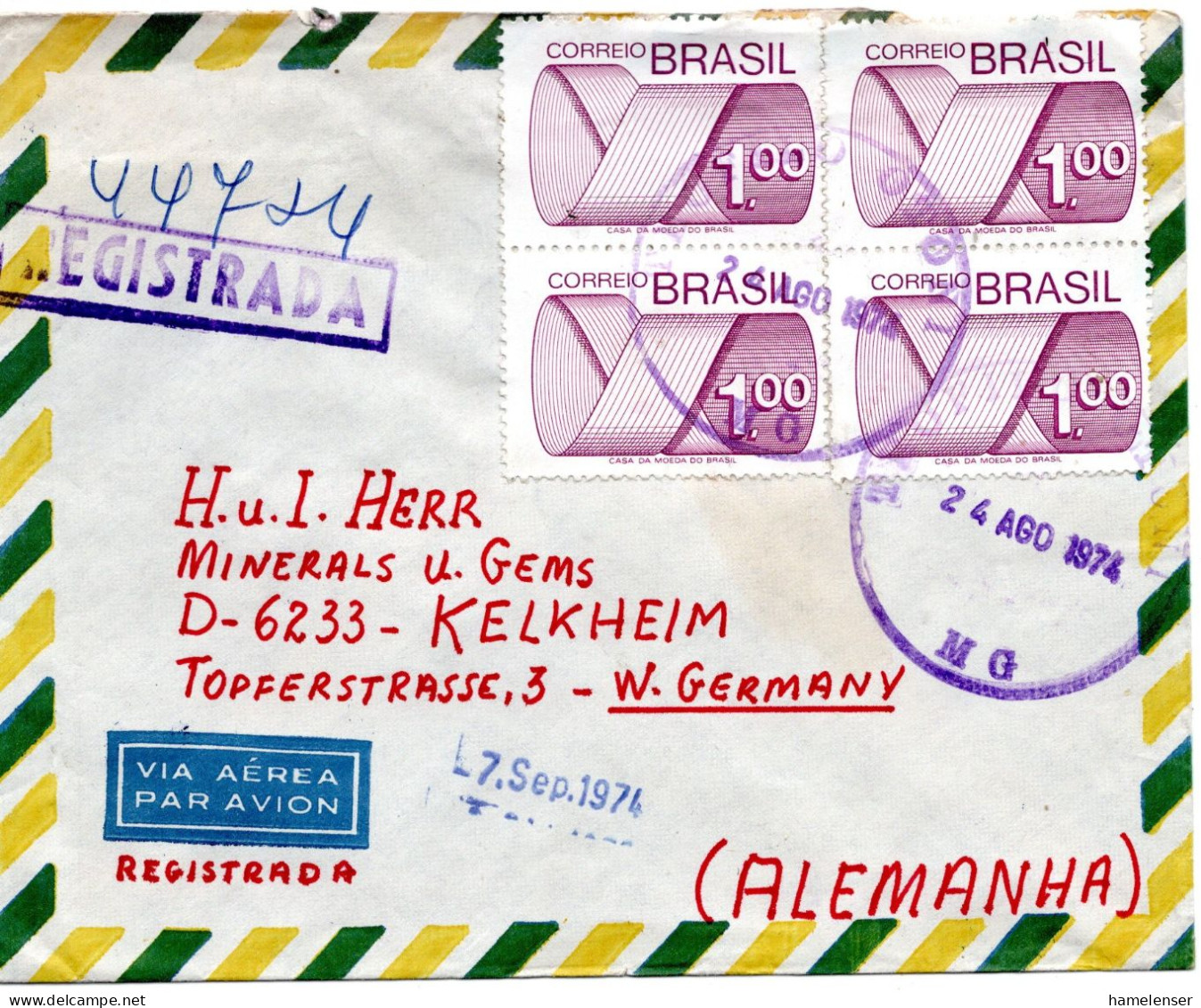 74896 - Brasilien - 1974 - 4@Cr$1,00 Ziffer A R-LpBf TEOFILO OTONI -> Westdeutschland - Brieven En Documenten