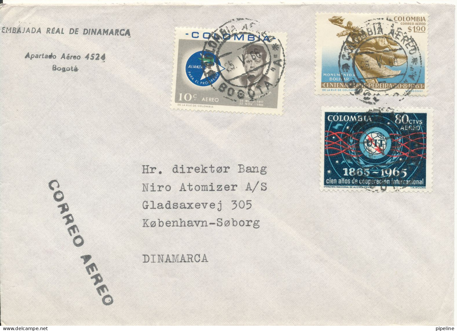 Colombia Cover Sent Air Mail To Denmark 25-5-1966 Topic Stamps - Colombia