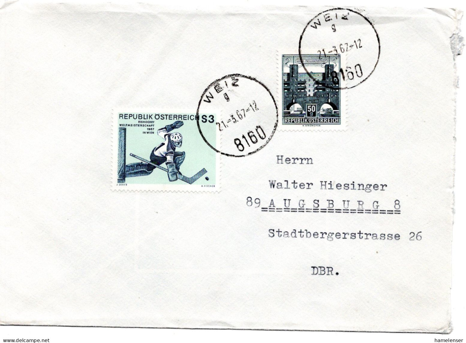 74900 - Österreich - 1967 - S3 Eishockey-WM '67 MiF A Bf WEIZ -> Westdeutschland - Covers & Documents