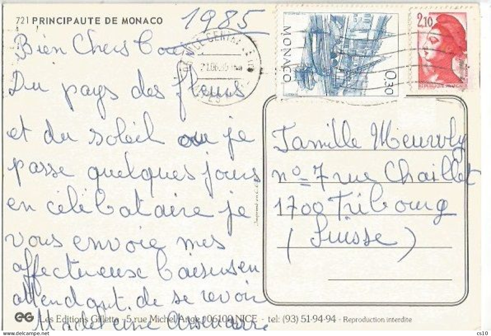 Monaco Touristique F.0.30  + France Sabine F.2.10 Ensable Mixed Franked PPC Monaco Posted In Nice 21jun1985 - Storia Postale