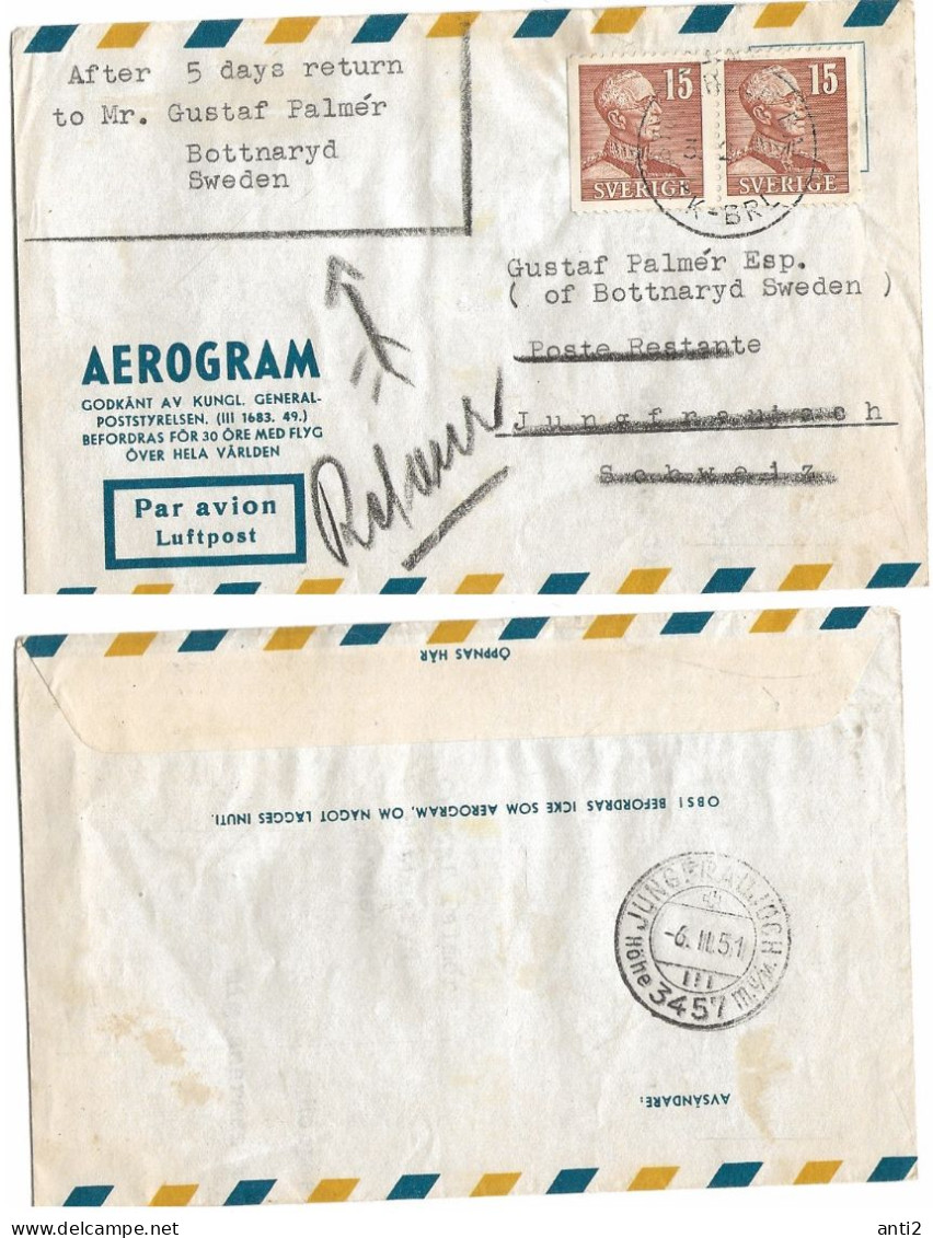 Sweden  1951  Aerogram Sent To  From Bottnaryd To Jungfrauloc - Poste Restante And Retur - Brieven En Documenten