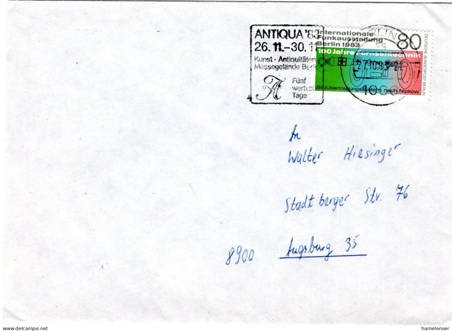 74901 - Berlin - 1983 - 80Pfg Funkausstellung EF A Bf BERLIN - ANTIQUA '83 ... -> Augsburg - Cartas & Documentos