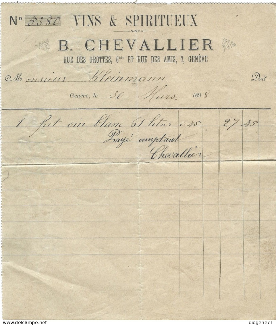 Facture Vins Et Spiritueux Chevallier Genève 1898 - Suisse