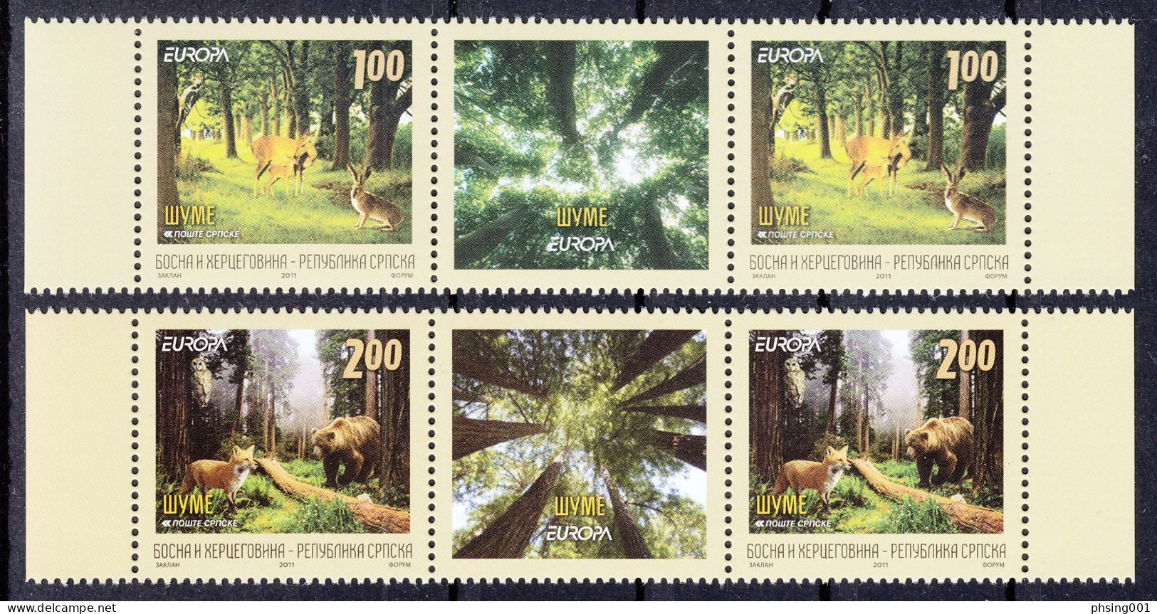 Bosnia Serbia 2011 EUROPA, Forest, Middle Row, Strip Of 2 Sets And Label In The Row,  MNH - 2011