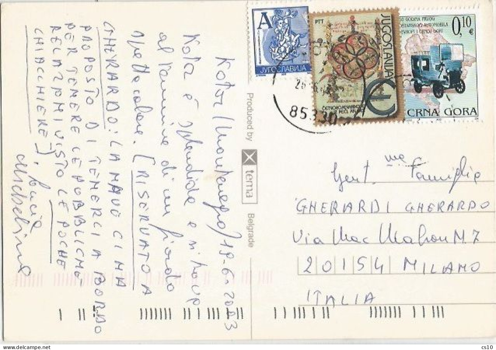 Jugoslavija "A"+ "€" 2stamps + Crna Gora Montenegro Cars €0.10 Mixed Franked PPC Kotor 25jun2003 - Cartas & Documentos