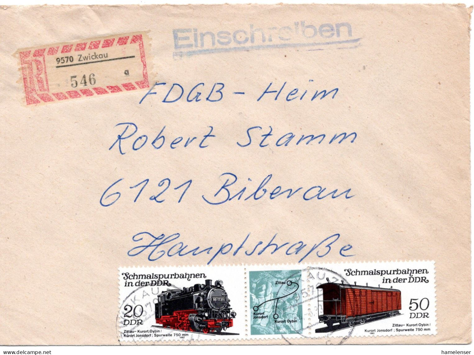 74903 - DDR - 1983 - 20+50Pfg Schmalspurbahn A R-Bf ZWICKAU -> Biberau - Treinen
