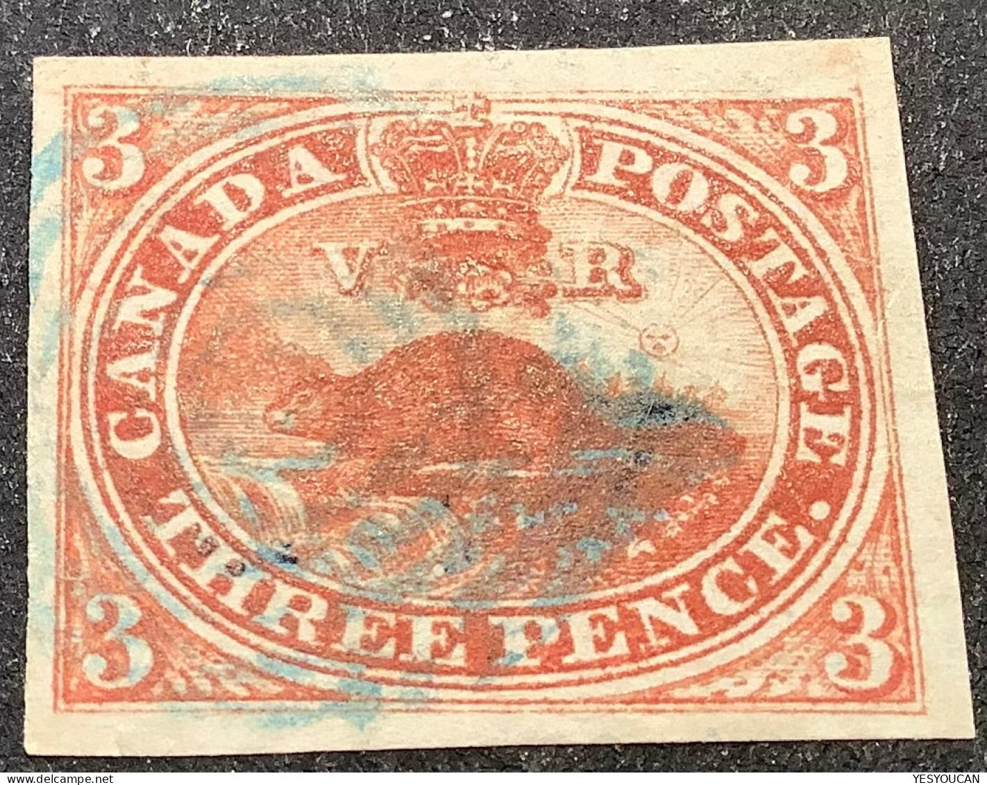 Sc.4ii XF Used 1852-57 3d Orange Red Beaver, Wove Paper, Attractive Blue Pmk  (Canada Y&T5 SUP Obl Castor/Queen Victoria - Gebraucht