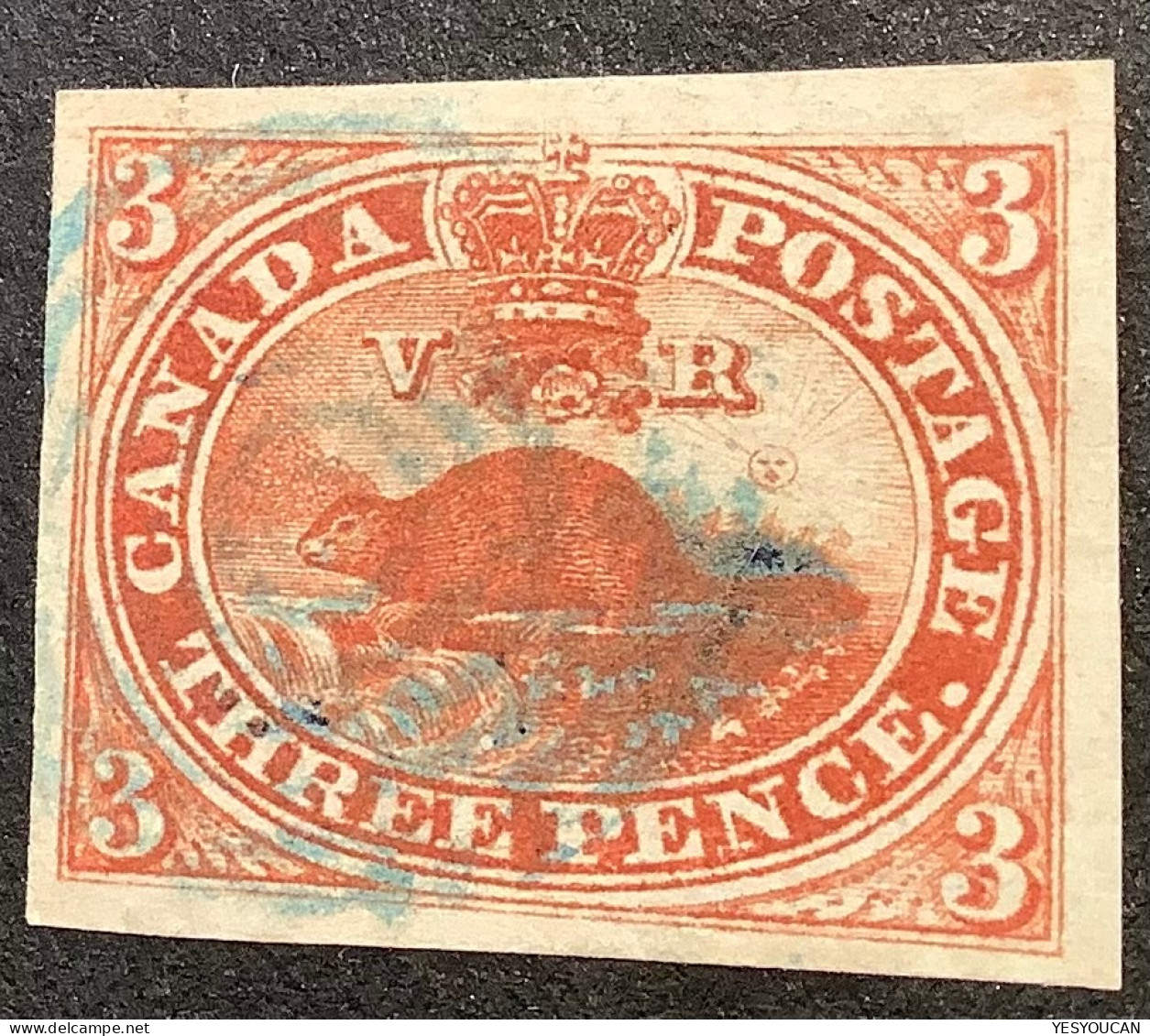 Sc.4ii XF Used 1852-57 3d Orange Red Beaver, Wove Paper, Attractive Blue Pmk  (Canada Y&T5 SUP Obl Castor/Queen Victoria - Gebraucht