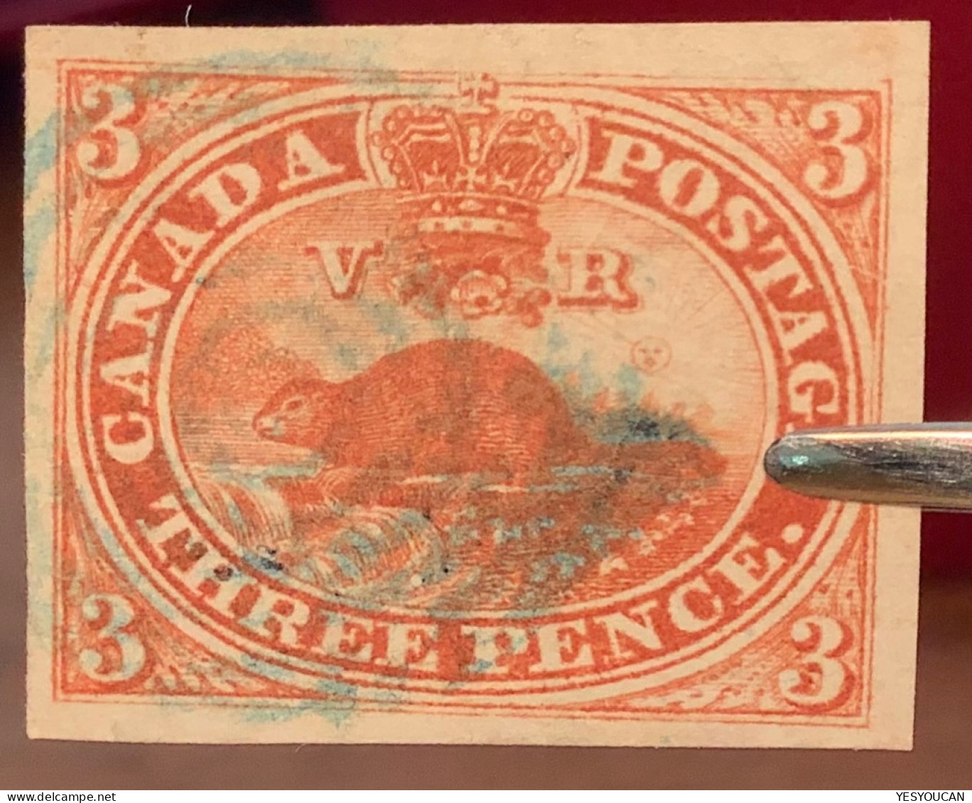 Sc.4ii XF used 1852-57 3d orange red beaver, wove paper, attractive blue pmk  (Canada Y&T5 SUP obl castor/Queen Victoria