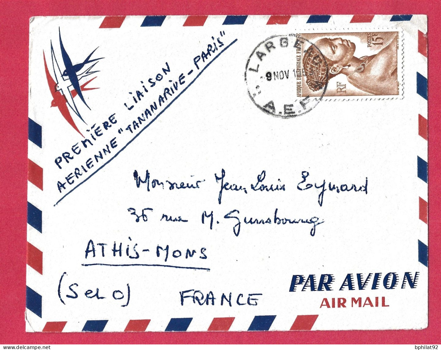 !!! LETTRE PAR AVION POUR LA FRANCE, RARE CACHET DU BUREAU DE LARGEAU, AEF, DE NOVEMBRE 1953 - Briefe U. Dokumente