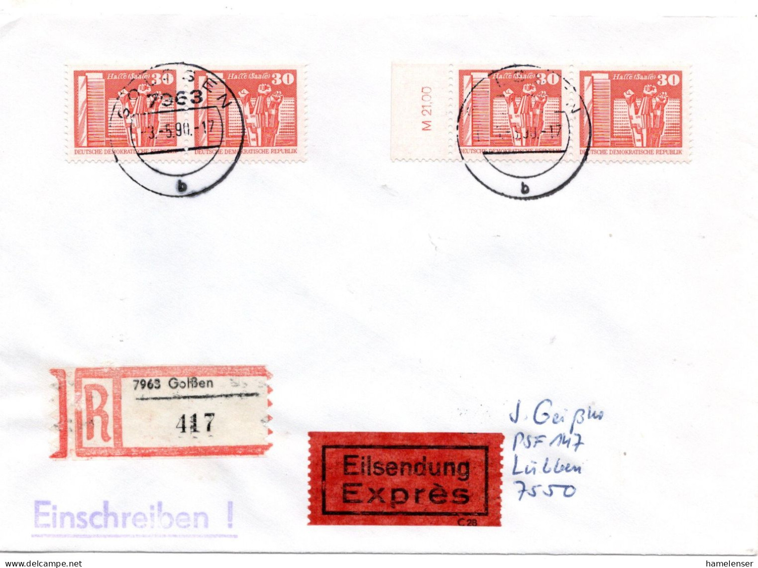 74905 - DDR - 1990 - 4@30Pfg Kl Bauten A R-EilBf GOLSSEN -> LUEBBEN - Lettres & Documents