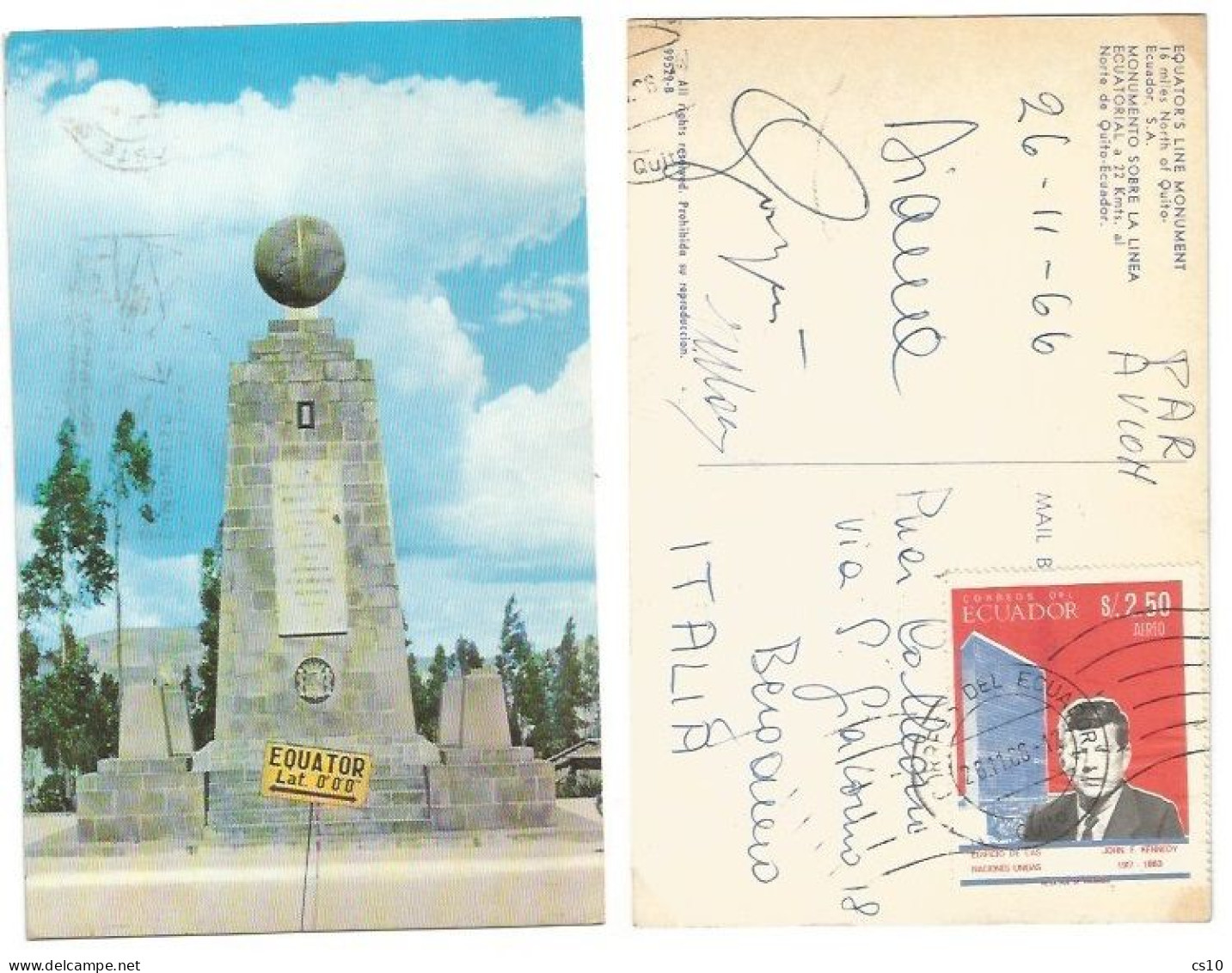 Ecuador Equator Line Monument "Mitad Del Mundo" Color PPC Quito 26nov1966 With JFK Memorial Stamp - Autres & Non Classés