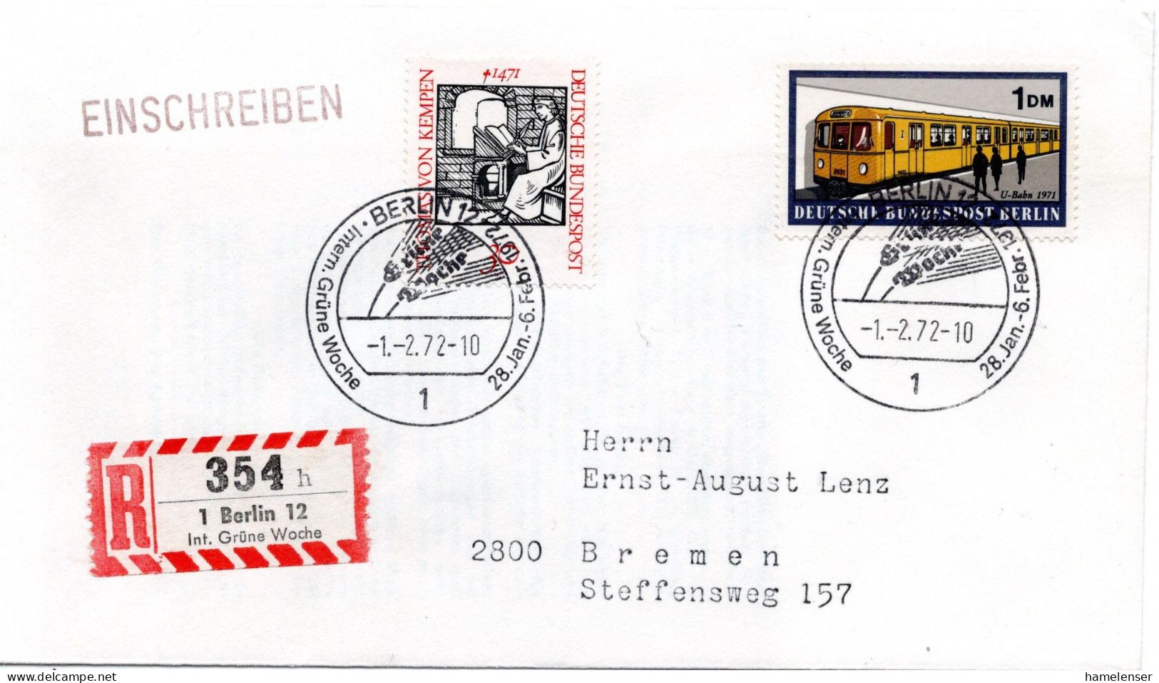 74907 - Bund - 1972 - 1DM U-Bahn MiF A R-Bf BERLIN - ... GRUENE WOCHE -> Bremen, M So-R-Zettel - Covers & Documents