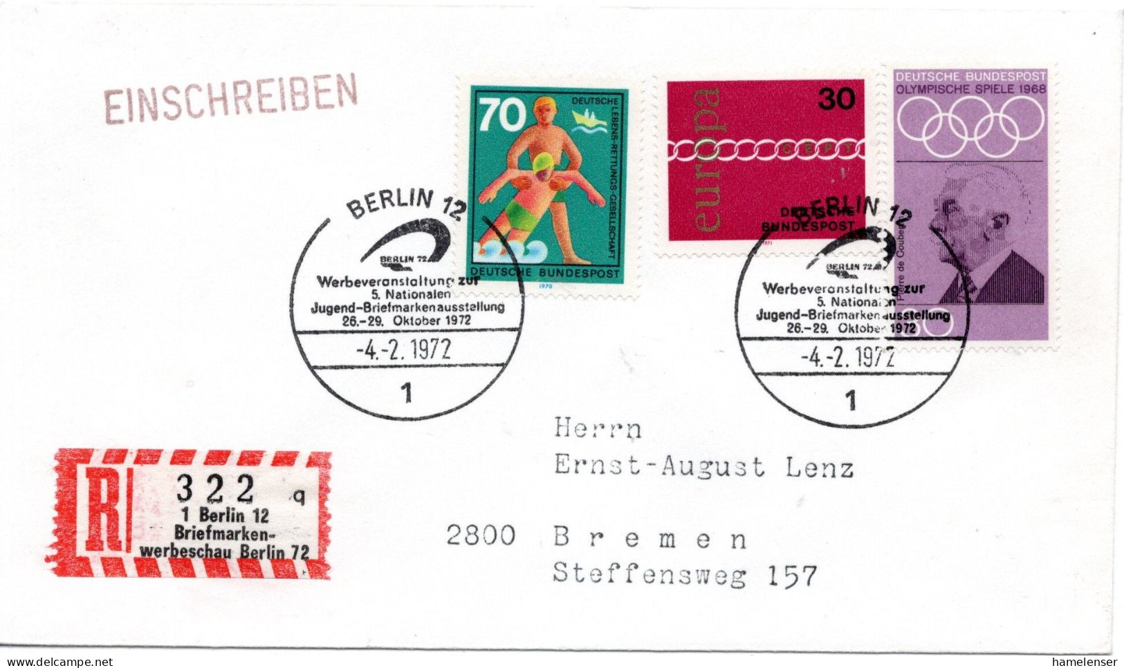 74908 - Bund - 1972 - 70Pfg DLRG MiF A R-Bf BERLIN - WERBEVERANSTALTUNG ... -> Bremen, M So-R-Zettel - Covers & Documents